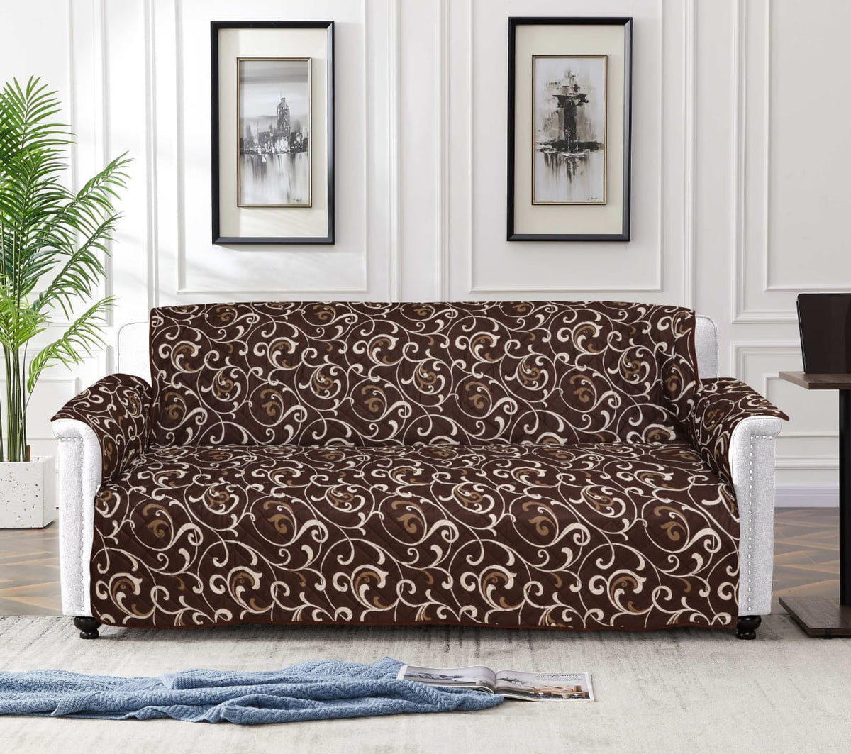 Cotton Quilted Printed Sofa Cover ( Brown Print)